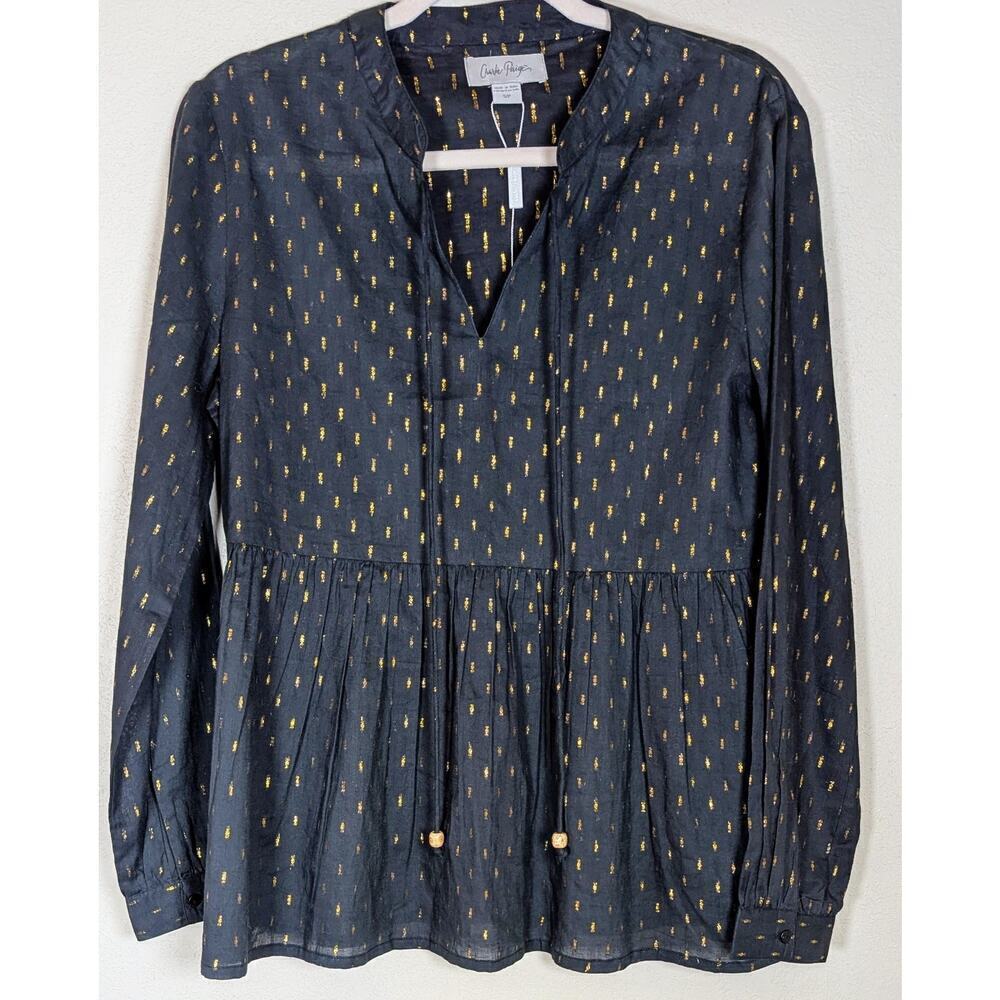 Charlie Paige Long Sleeve Cotton Top Blouse Size S Black Gold Tie V-neck